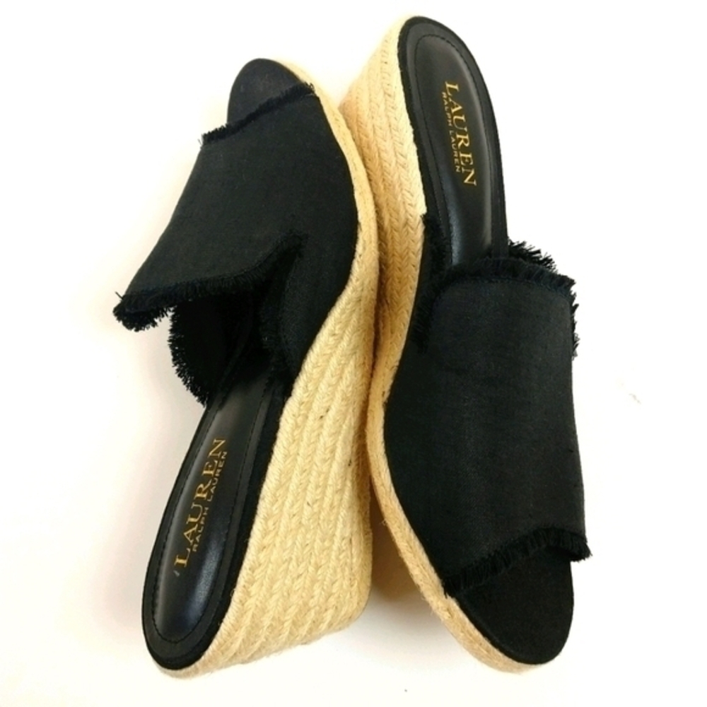 Lauren Ralph Lauren Black Canvas Espadrille Wedge Mules